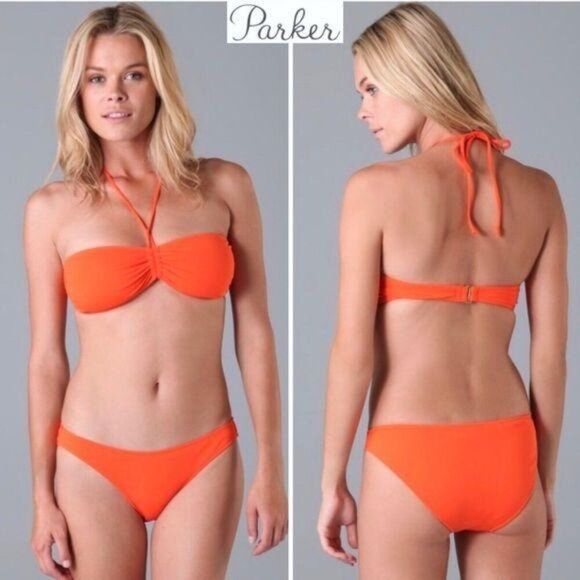 Parker Ruched Bandeau Bikini Top in Tangerine - Picture 1 of 9